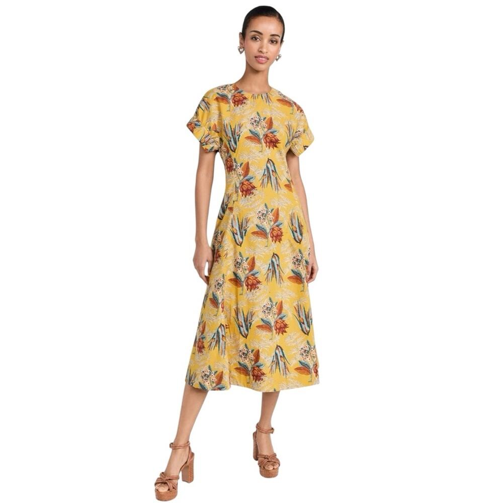 ULLA JOHNSON Devon Cotton Poplin Floral A-line Midi Dress with Pockets - Picture 3 of 12